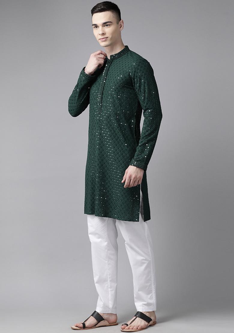 Green Sequin Embroidered Kurta For Men