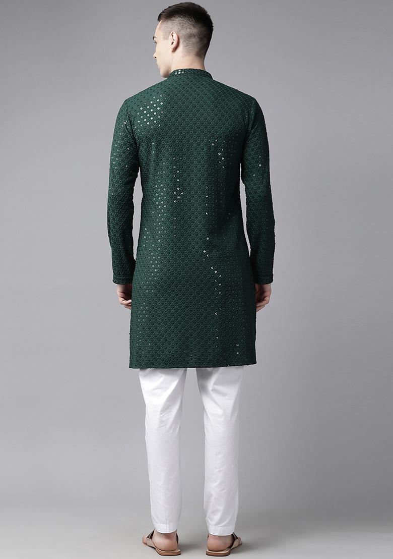 Green Sequin Embroidered Kurta For Men