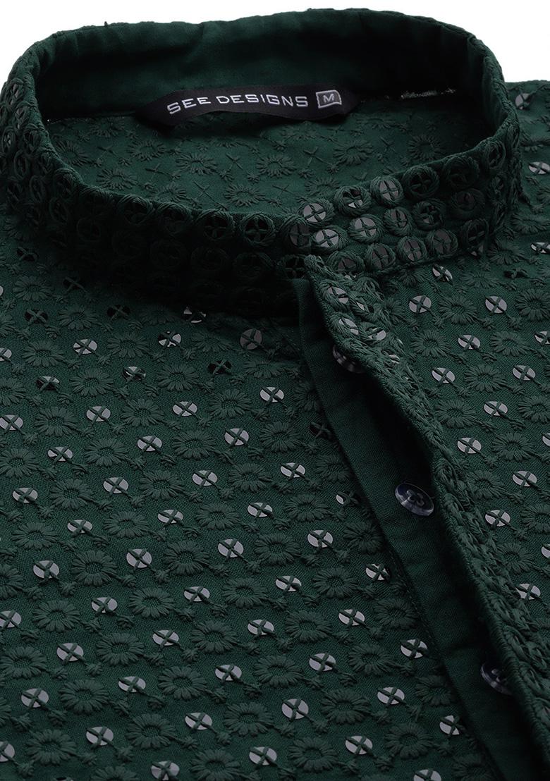 Green Sequin Embroidered Kurta For Men