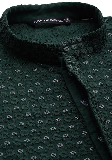 Green Sequin Embroidered Kurta For Men
