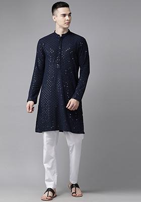 Navy Blue Sequin Embroidered Kurta For Men