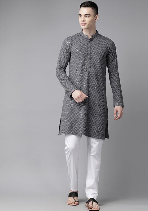 Grey Sequin Embroidered Kurta For Men