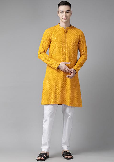 Mustard Sequin Embroidered Rayon Kurta For Men