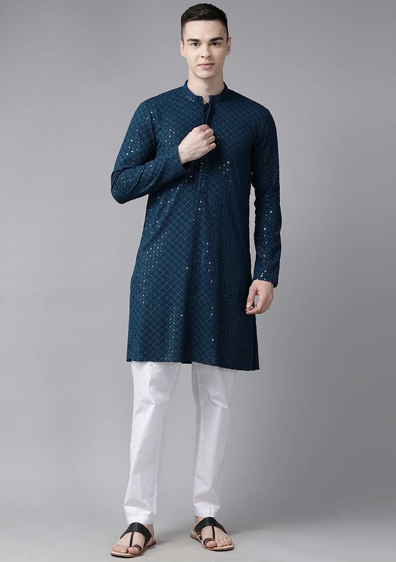 Teal Sequin Embroidered Kurta For Men - Indya