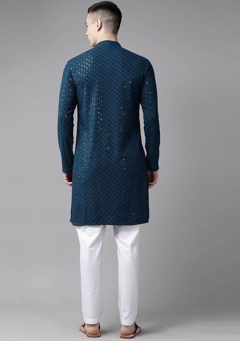 Teal Sequin Embroidered Kurta For Men - Indya
