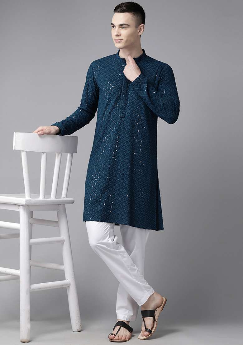 Teal Sequin Embroidered Kurta For Men - Indya
