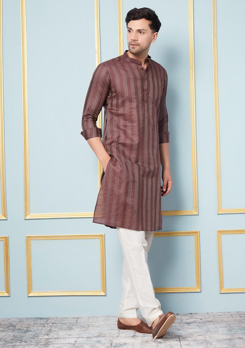 Coffee Brown Woven Design Kurta For Men