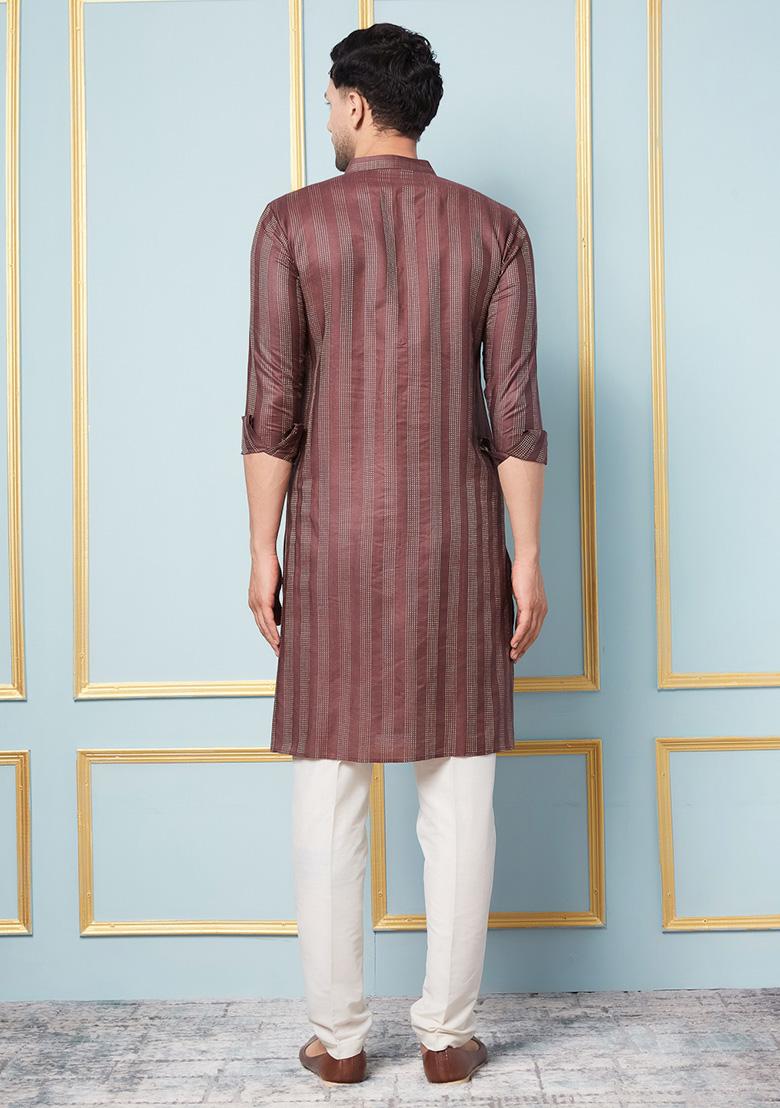 Coffee Brown Woven Design Kurta For Men