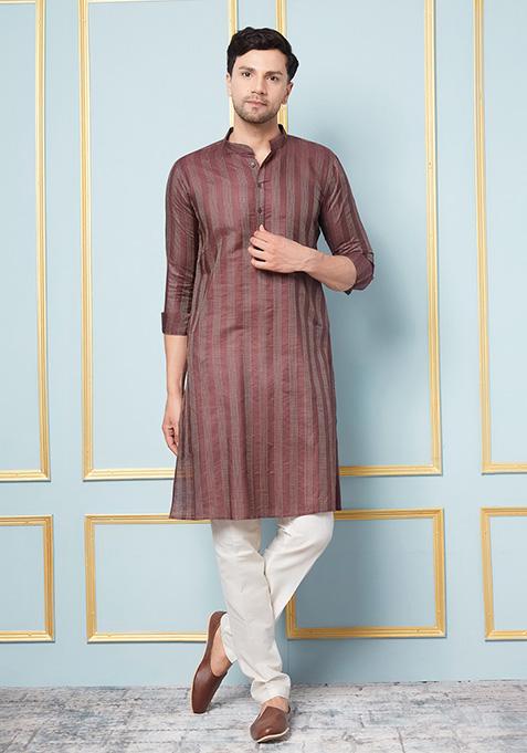 Coffee Brown Woven Design Kurta For Men