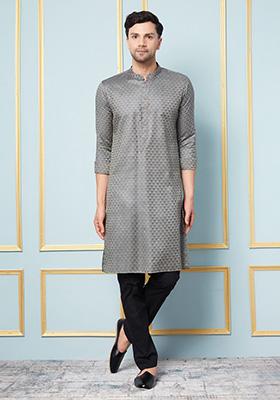 Charcoal Woven Design Thread Work Kurta Set For Men