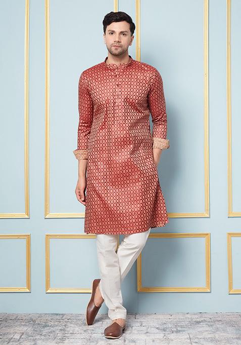 Maroon Woven Design Cotton Silk Kurta For Men