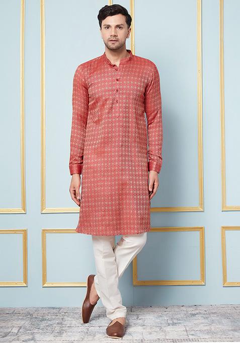 Red Woven Design Kurta For Men