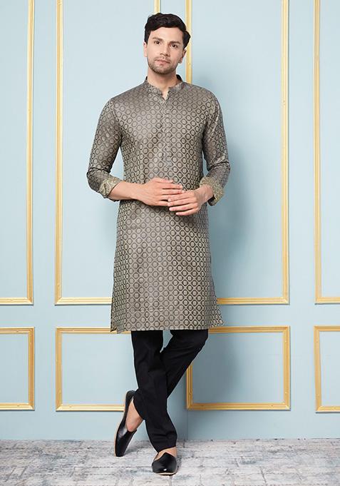 Charcoal Woven Design Cotton Silk Kurta For Men