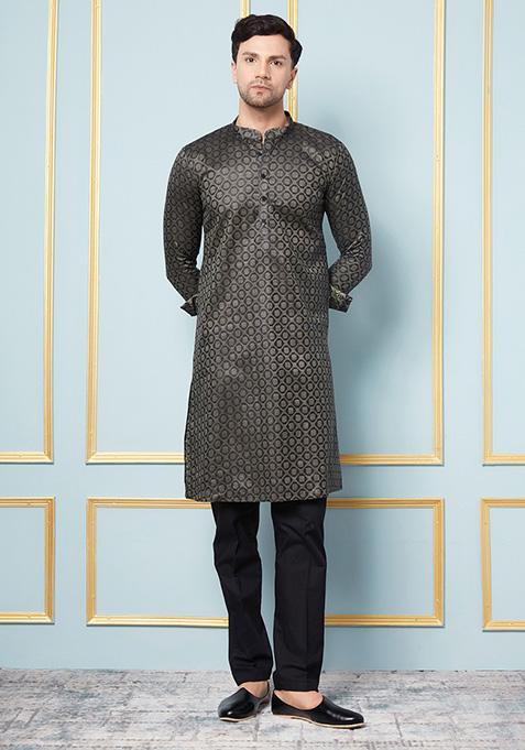 Black Woven Design Cotton Silk Kurta For Men