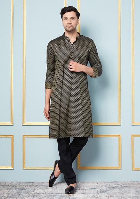 Black Woven Design Cotton Silk Straight Kurta For Men