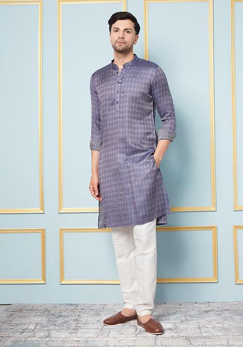 Navy Blue Woven Design Kurta For Men