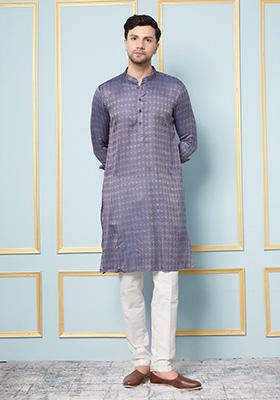 Navy Blue Woven Design Cotton Silk Kurta Set For Men