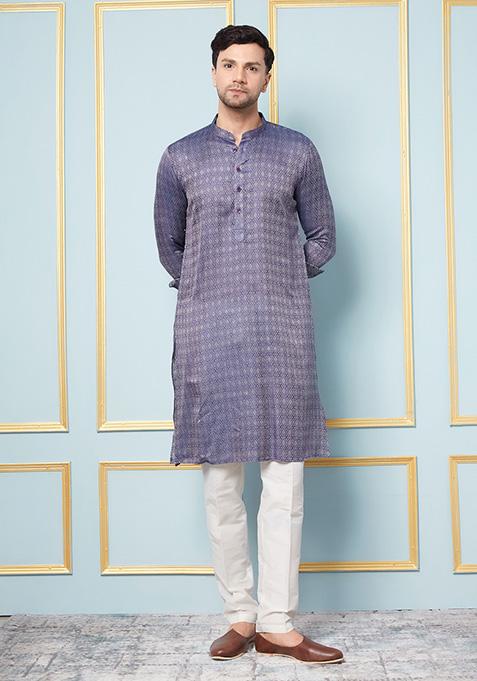 Navy Blue Woven Design Cotton Silk Kurta Set For Men