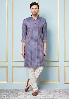 Navy Blue Woven Design Cotton Silk Kurta For Men