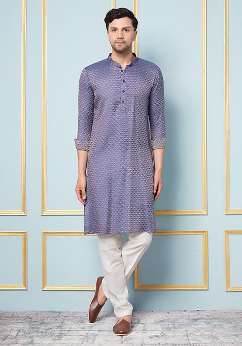 Navy Blue Woven Design Cotton Silk Kurta For Men