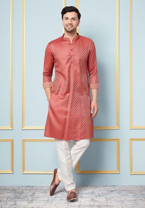 Red Woven Design Cotton Silk Kurta Set For Men