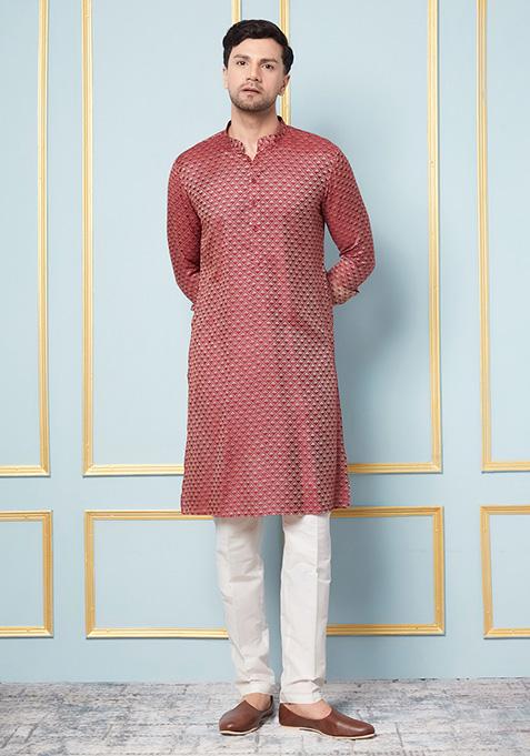 Maroon Woven Design Thread Work Cotton Silk Kurta For Men