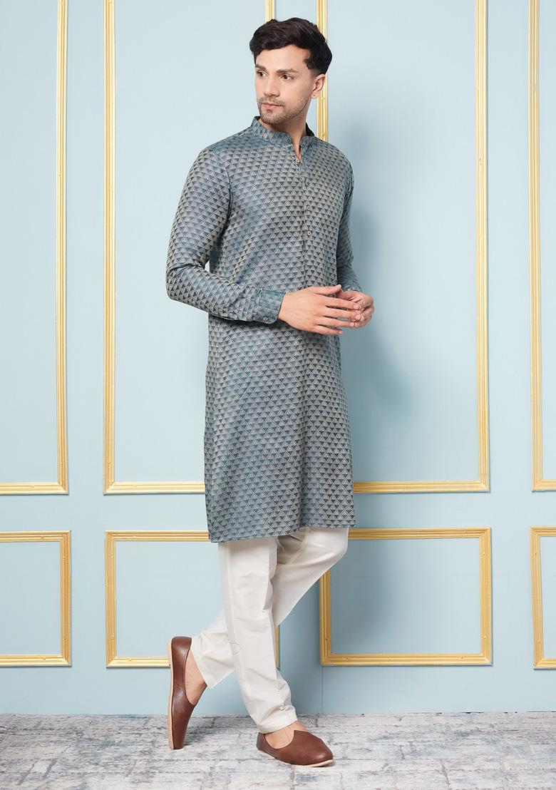 Green Woven Design Kurta For Men