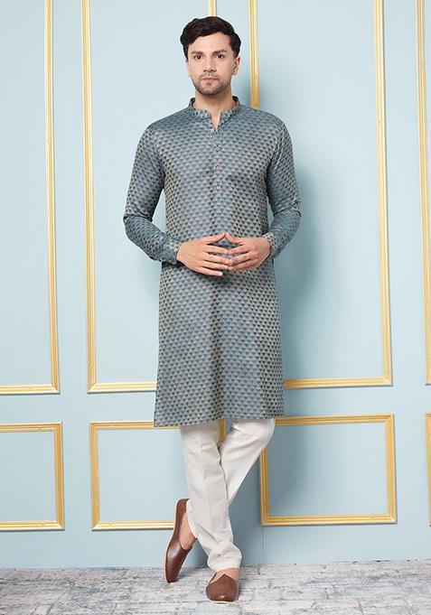 Green Woven Design Kurta For Men