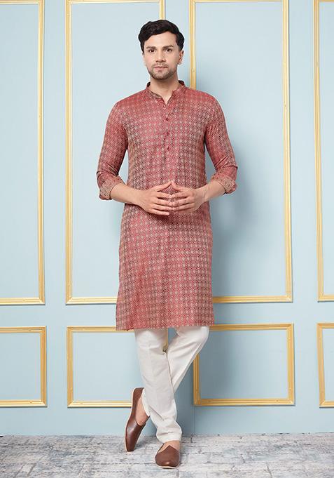 Maroon Woven Design Kurta Set For Men