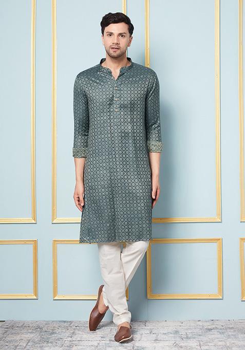 Blue Woven Design Cotton Silk Kurta Set For Men