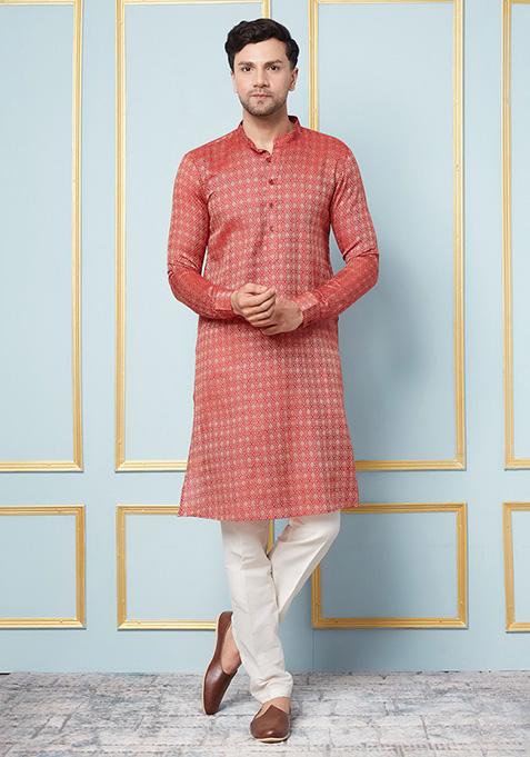 Red Woven Design Thread Work Kurta Set For Men