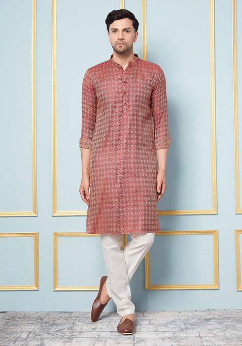 Maroon Woven Design Kurta For Men