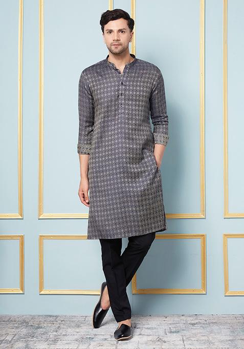 Blue Woven Design Kurta Set For Men