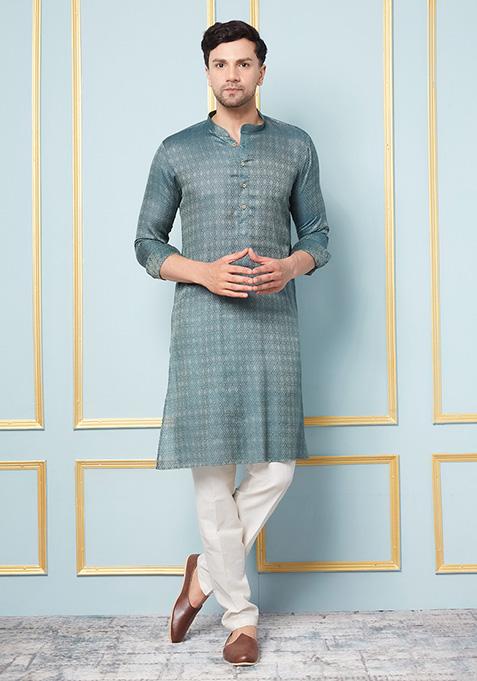 Blue Woven Design Cotton Silk Kurta For Men