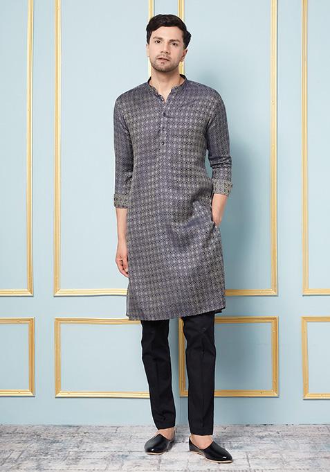 Blue Woven Design Thread Work Kurta For Men