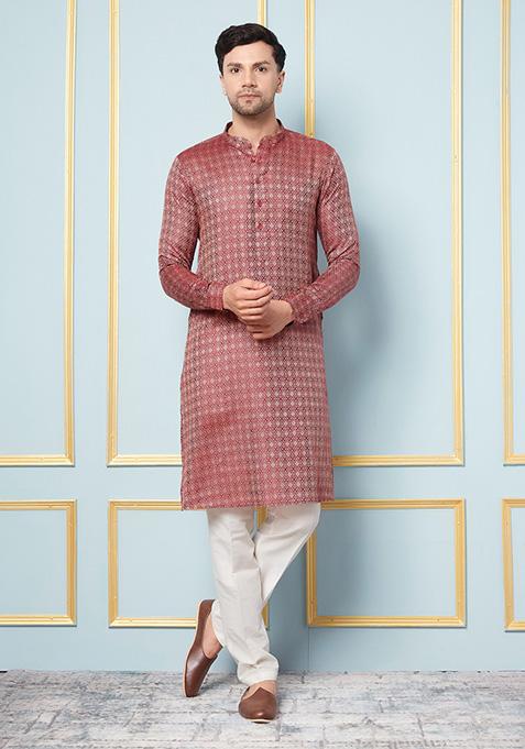 Burgundy Woven Design Cotton Silk Kurta For Men