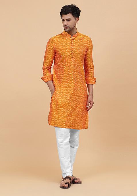 Orange Ikat Print Cotton Kurta Set For Men