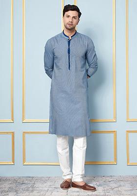 Blue Woven Design Striped Kurta Set For Men