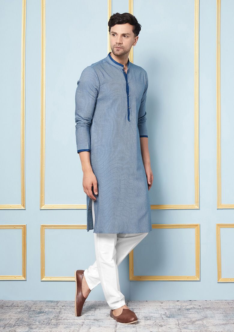 Blue Woven Design Striped Kurta Set For Men