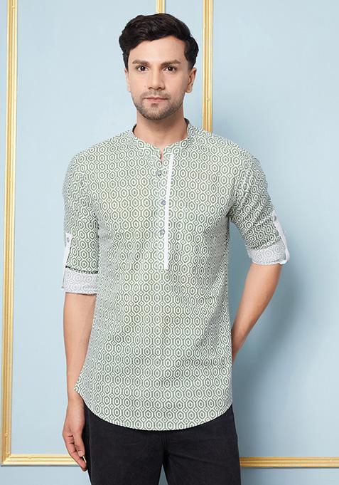 Green Printed Cotton Kurta For Men