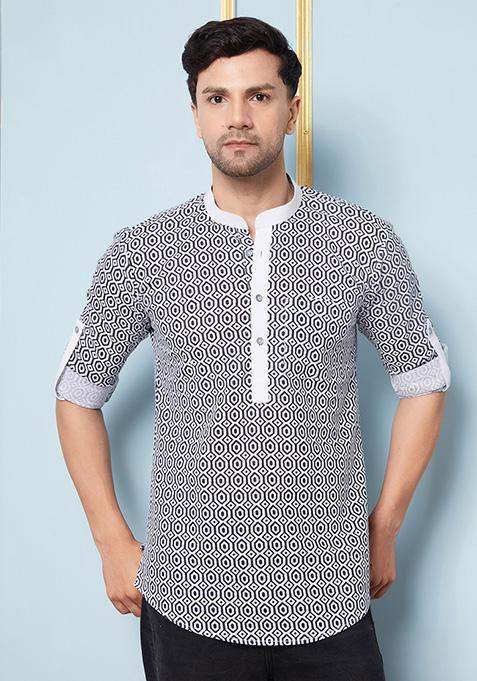 Navy Blue Printed Cotton Kurta For Men