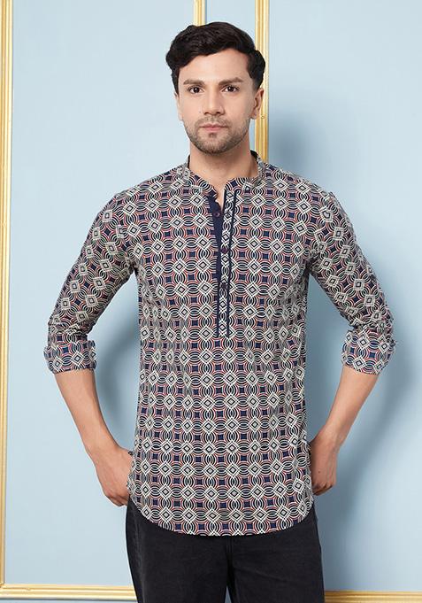 Navy Blue Printed Kurta For Men