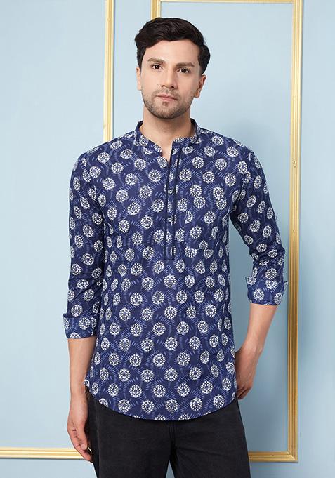 Blue Cotton Short Kurta For Men