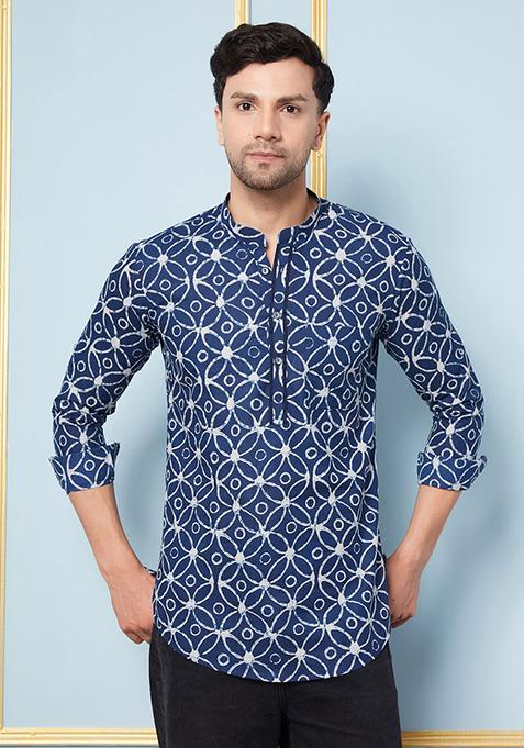 Blue Printed Cotton Kurta For Men Set