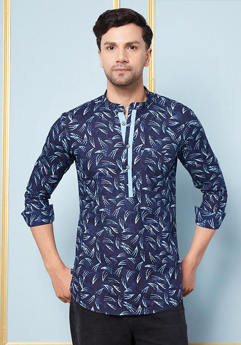 Indigo Blue Printed Cotton Straight Kurta For Men Set