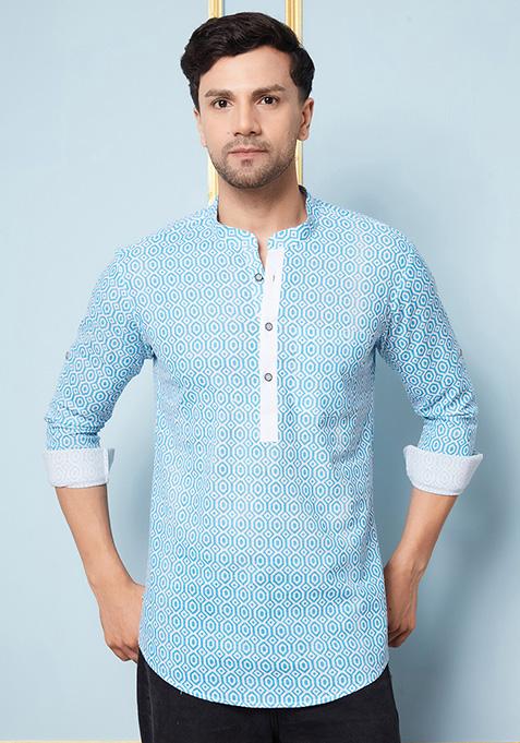 Blue Printed Cotton Short Kurta For Men