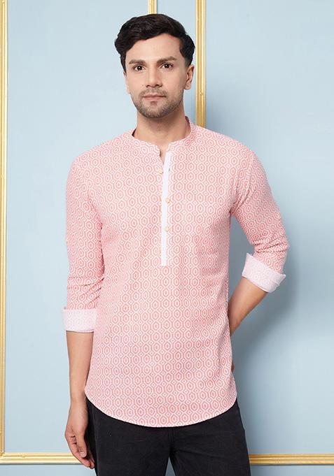 Peach Printed Cotton Short Kurta For Men