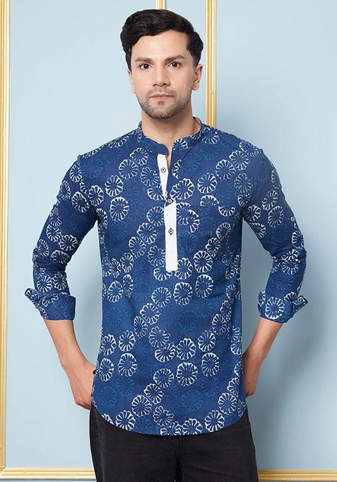 Blue Printed Short Kurta For Men