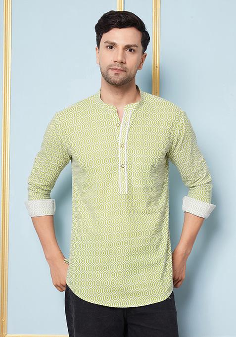 Lime Green Cotton Short Kurta For Men