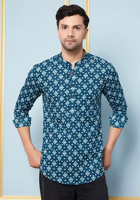 Teal Printed Cotton Kurta For Men